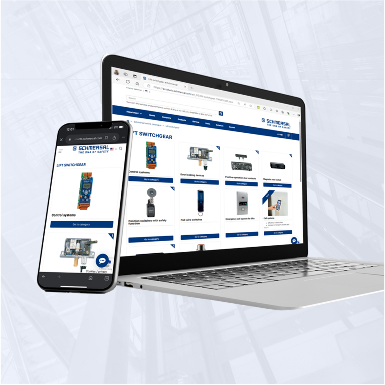 computer and cellphone with Schmersal product catalog on screen