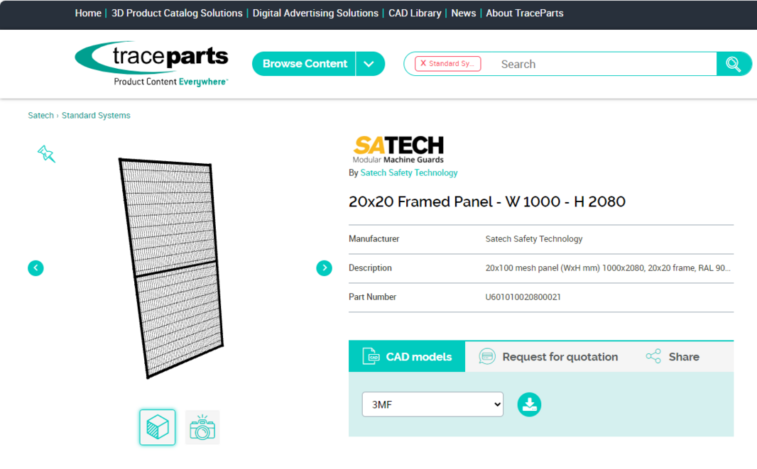 screenshot from TraceParts, Satech panel displayed